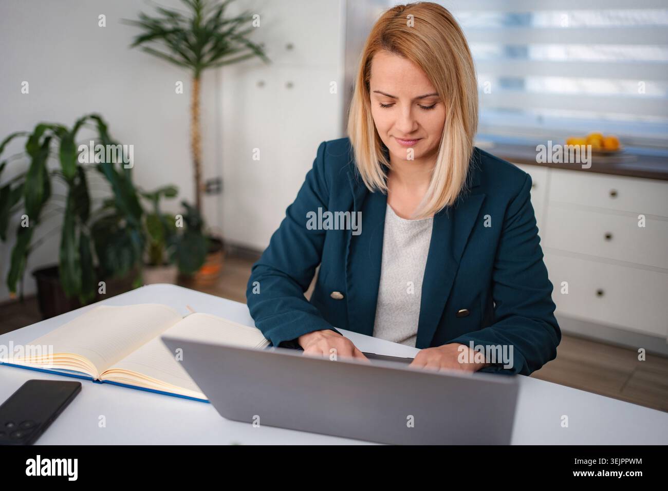 Woman working from home using laptop computer Stock Photo