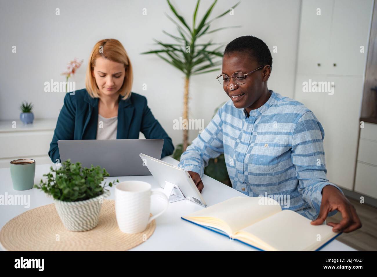 Diverse women working remotely from home office Stock Photo
