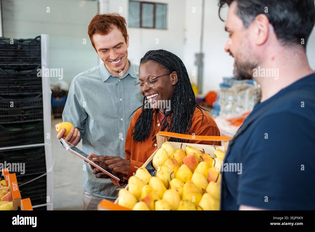Diverse team checking pears in fruit warehouse using tablet Stock Photo