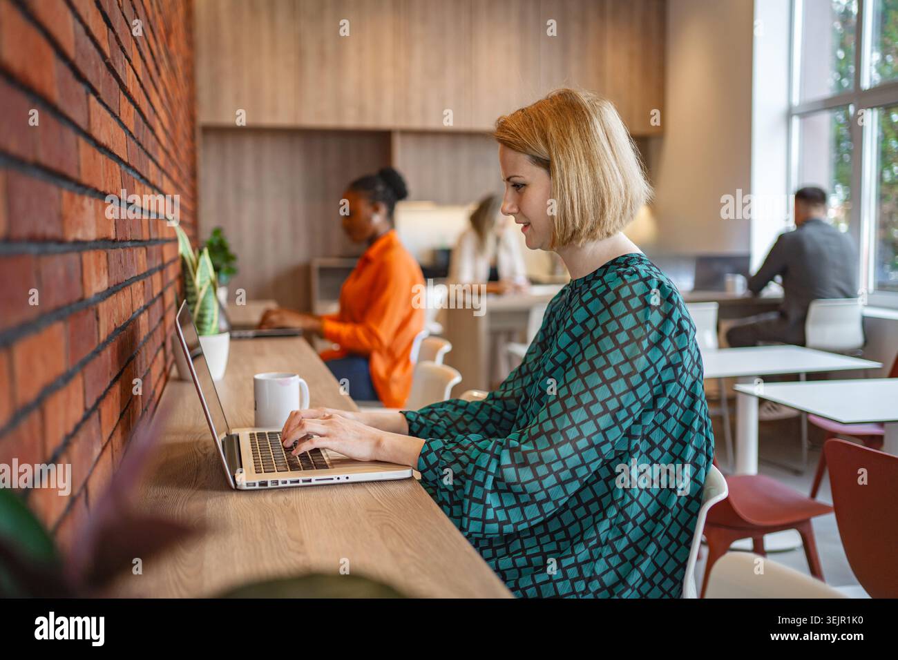 Woman Sitting at Table Using Laptop Computer Stock Photo
