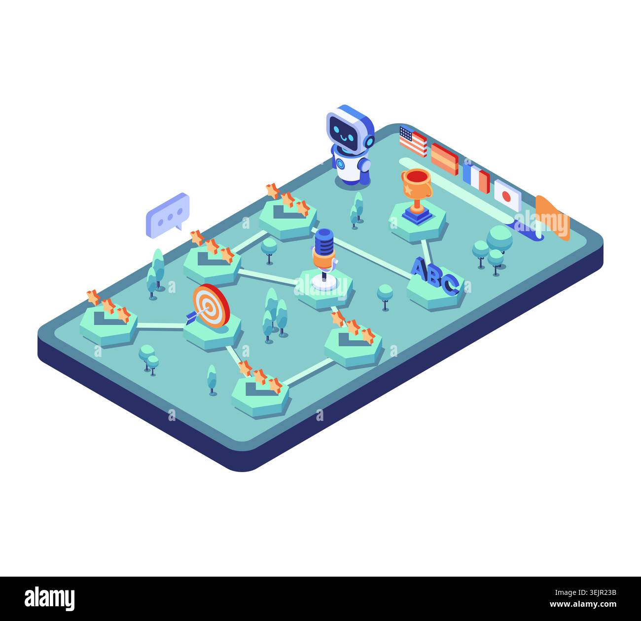 Isometric Language Learning App with AI Robot and Gamified Path. AI Language Learning App Concept Stock Vector