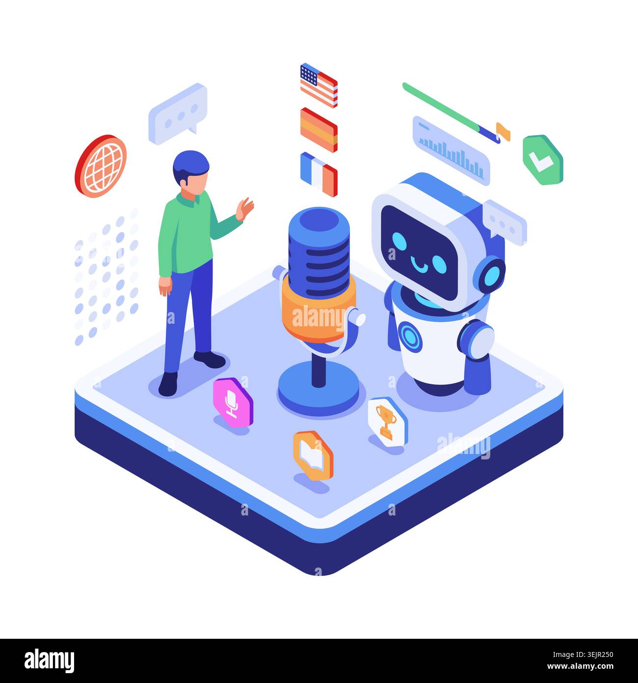 Isometric AI Pronunciation Training for Language Learning. AI Language Learning Concept Stock Vector