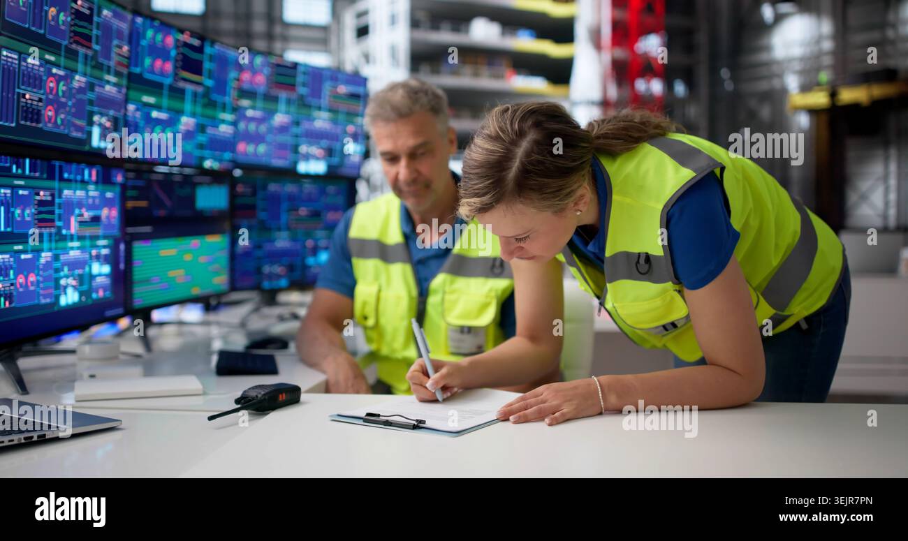 Two Engineers Discuss Project Details While Handing Over Shift At Aerospace Lab. Stock Photo