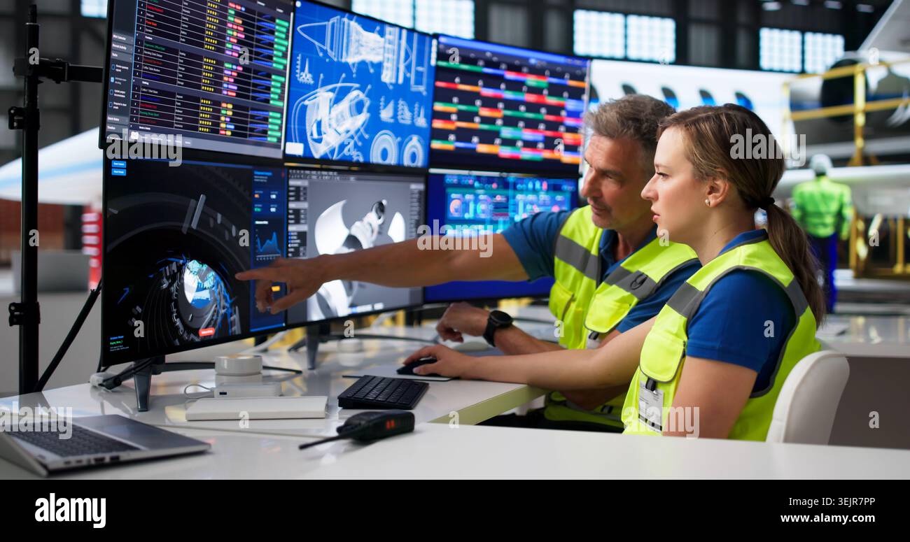 Engineer Uses Computer To Inspect Aircraft Parts During Airplane Maintenance Work. Stock Photo