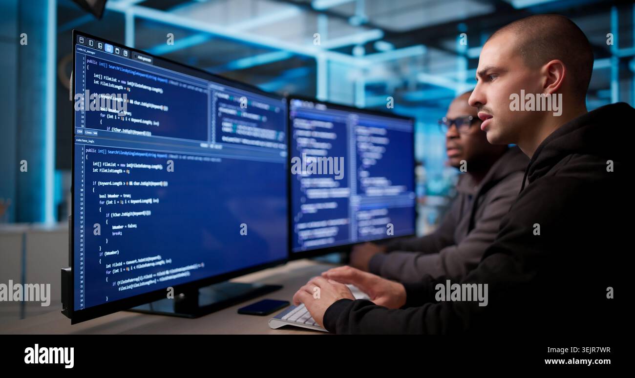 Two Software Engineers Discuss And Develop Secure Business Applications Together. Stock Photo