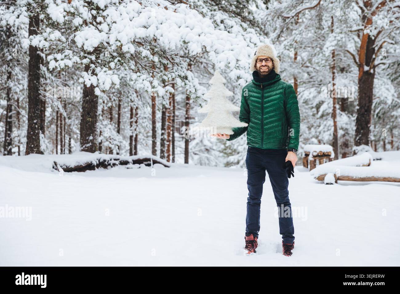 Smiling man holds a small snow covered tree while standing in a winter forest Stock Photo
