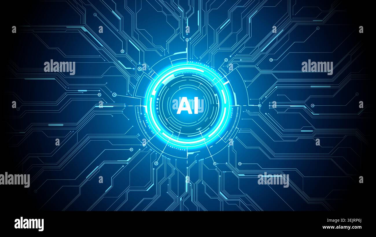 Glowing AI HUD Interface with Digital Circuit Tech Background Stock Vector