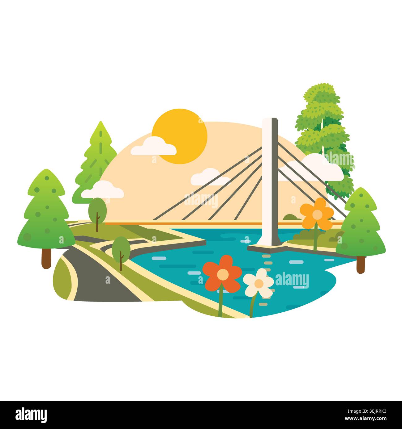 Cable stayed bridge over river with road, trees and flowers. Flat vector landscape illustration isolated on white background. Stock Vector