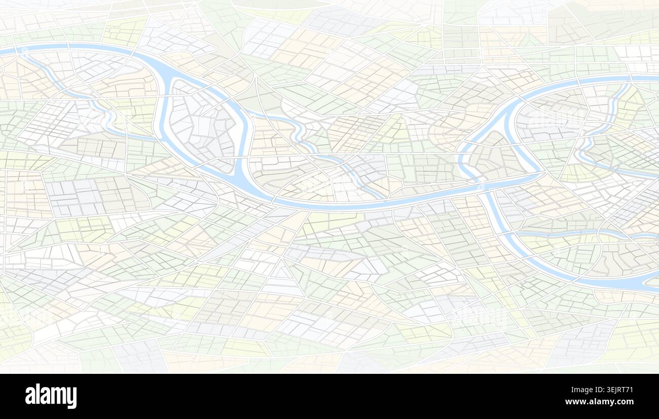 Perspective city map background with complex street network and winding river layout. Vector illustration Stock Vector