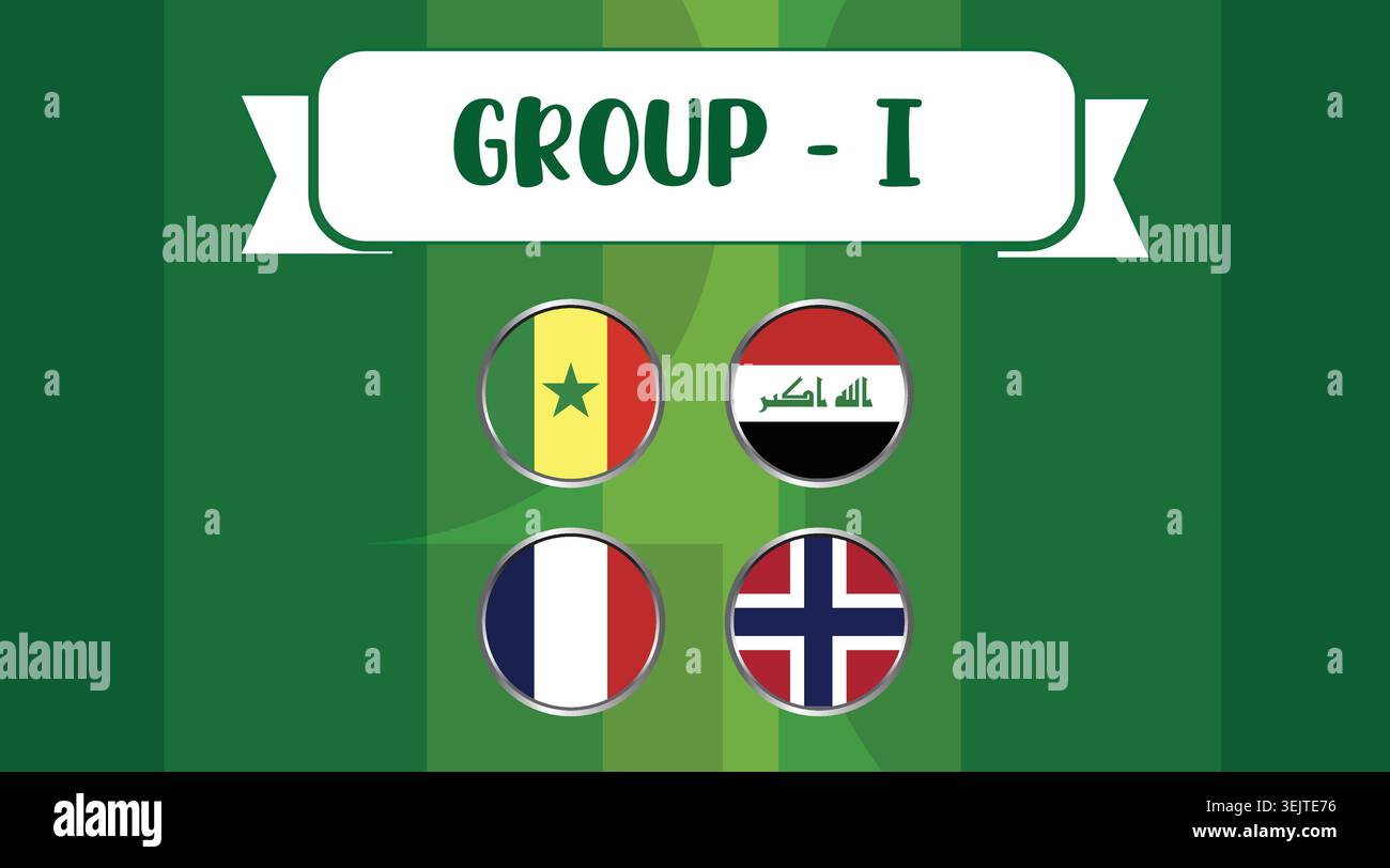Group i flags of senegal iraq france and norway on green background. Stock Vector