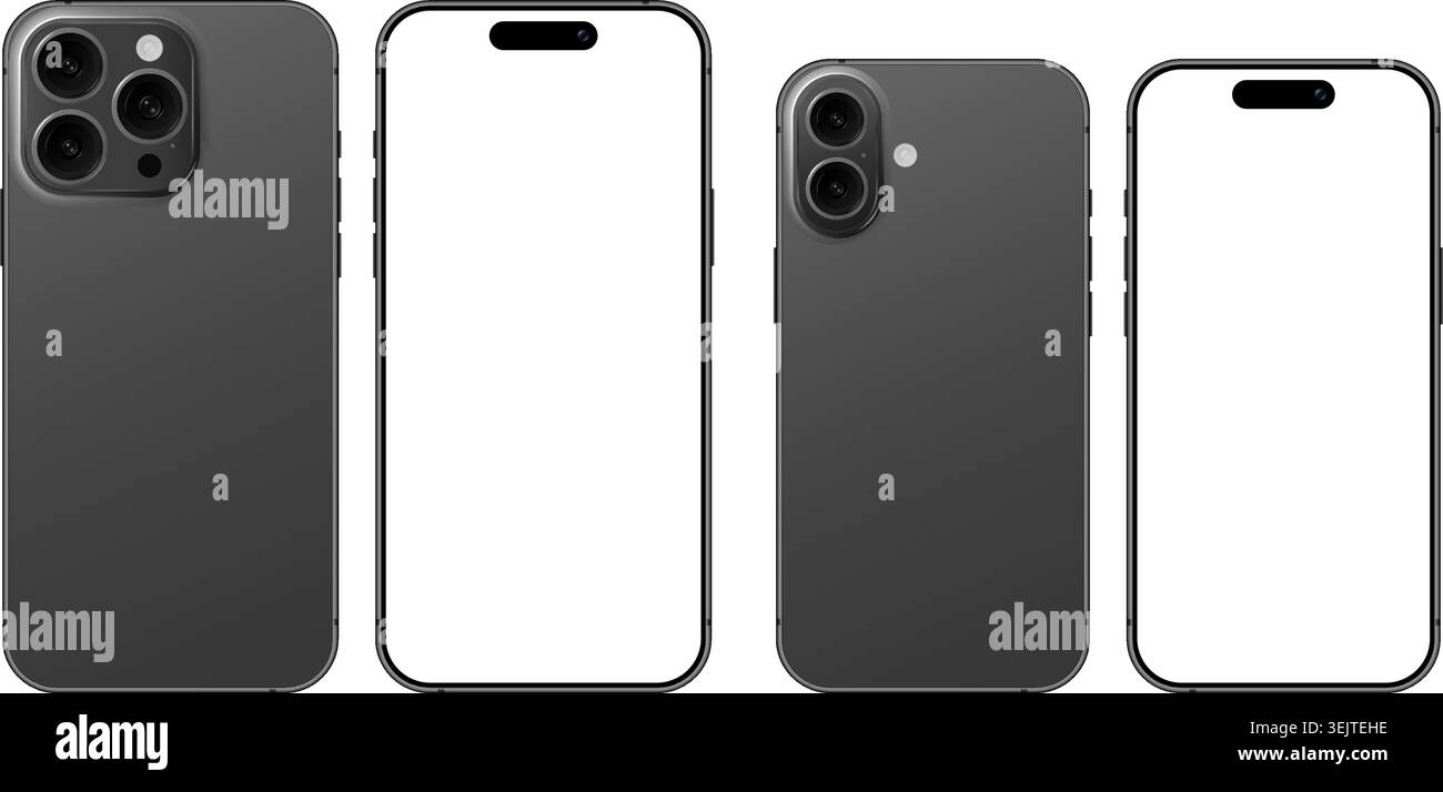 Black smartphone devices mockup with blank display in different camera layouts. Realistic mobile phone template in front and back angles Stock Vector