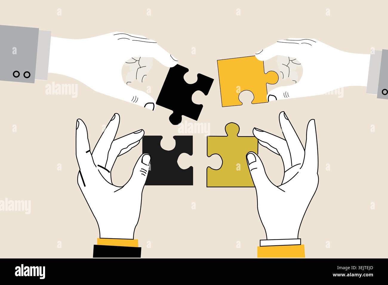 Hands connecting puzzle pieces symbolizing teamwork and collaboration. Stock Vector