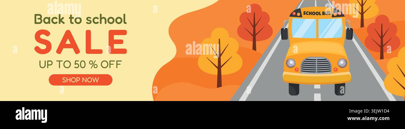 Horizontal vector poster template for a back-to-school sale featuring a school bus. Suitable for website headers  Stock Vector