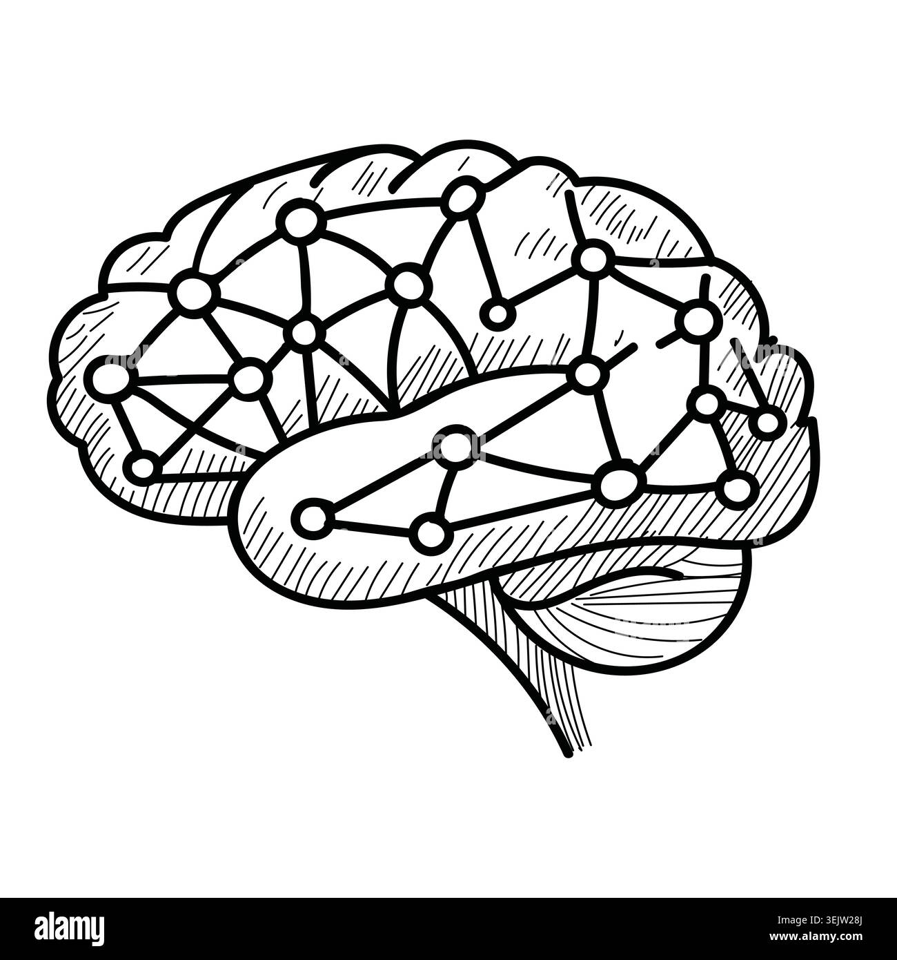 Outline vector illustration of human brain with digital neural network nodes, black and white sketch for artificial intelligence and science concepts. Stock Vector