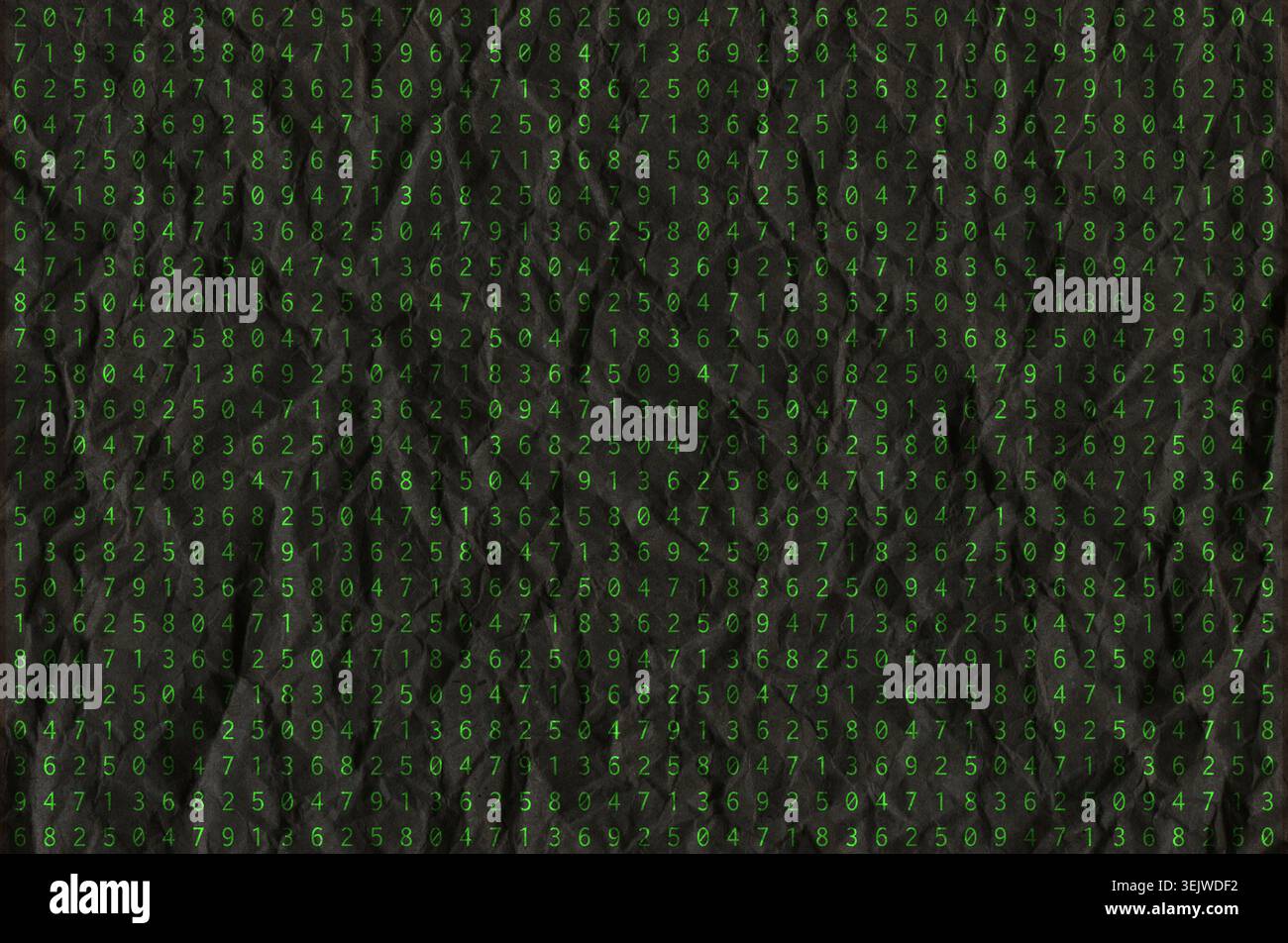 Green matrix digital numbers on a dark crumpled background representing computer hacking Stock Photo