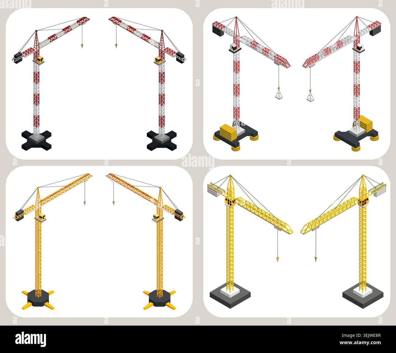 Isometric tower crane set. Construction lifting machinery vector illustration collection Stock Vector
