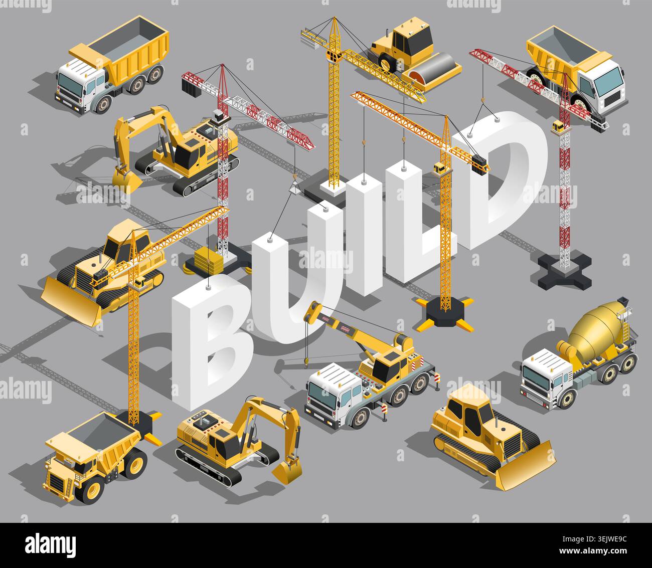 Build text concept isometric construction machinery composition. Building equipment vector illustration Stock Vector