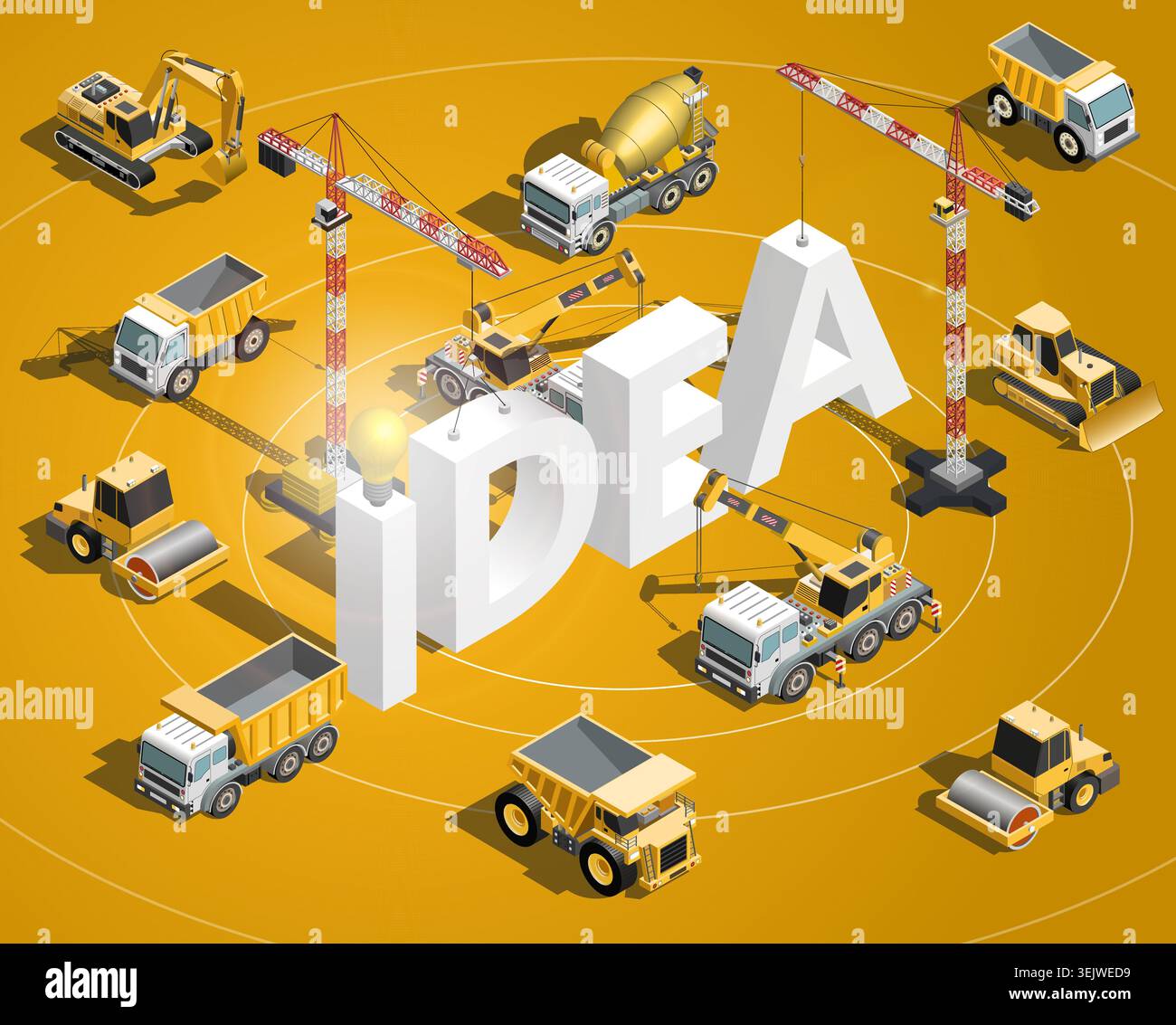 Idea text concept isometric construction machinery composition. Building equipment vector illustration Stock Vector