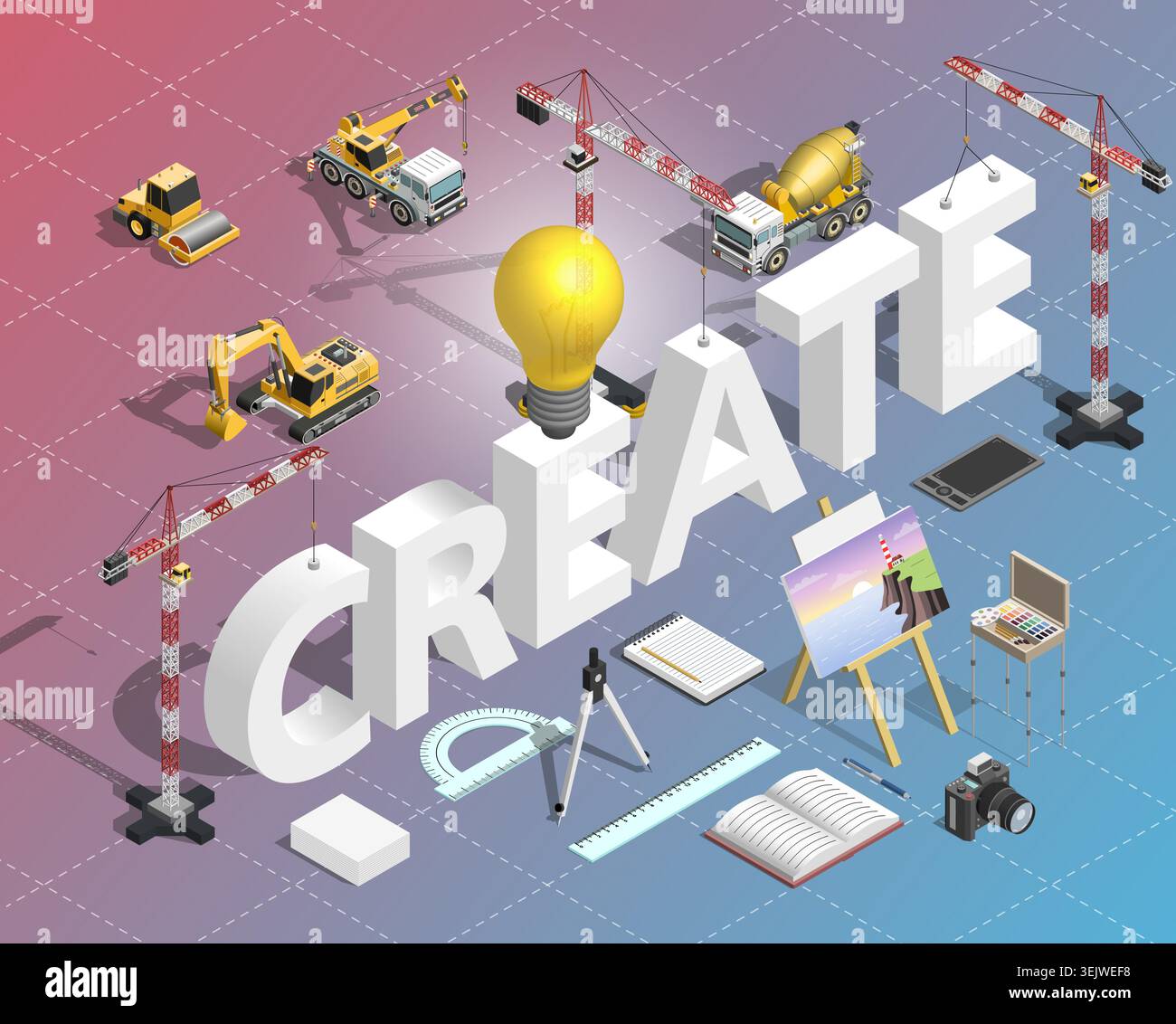 Isometric creative concept with construction machinery building typography and light bulb idea. Innovation, design process, creativity and engineering Stock Vector