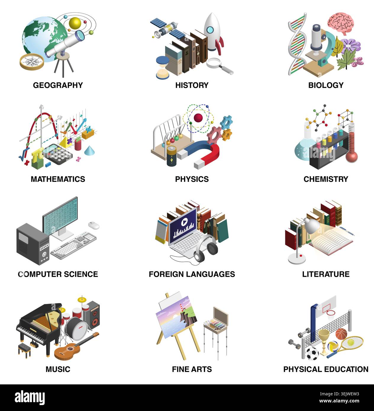 School subjects and academic disciplines isometric icons vector set ...