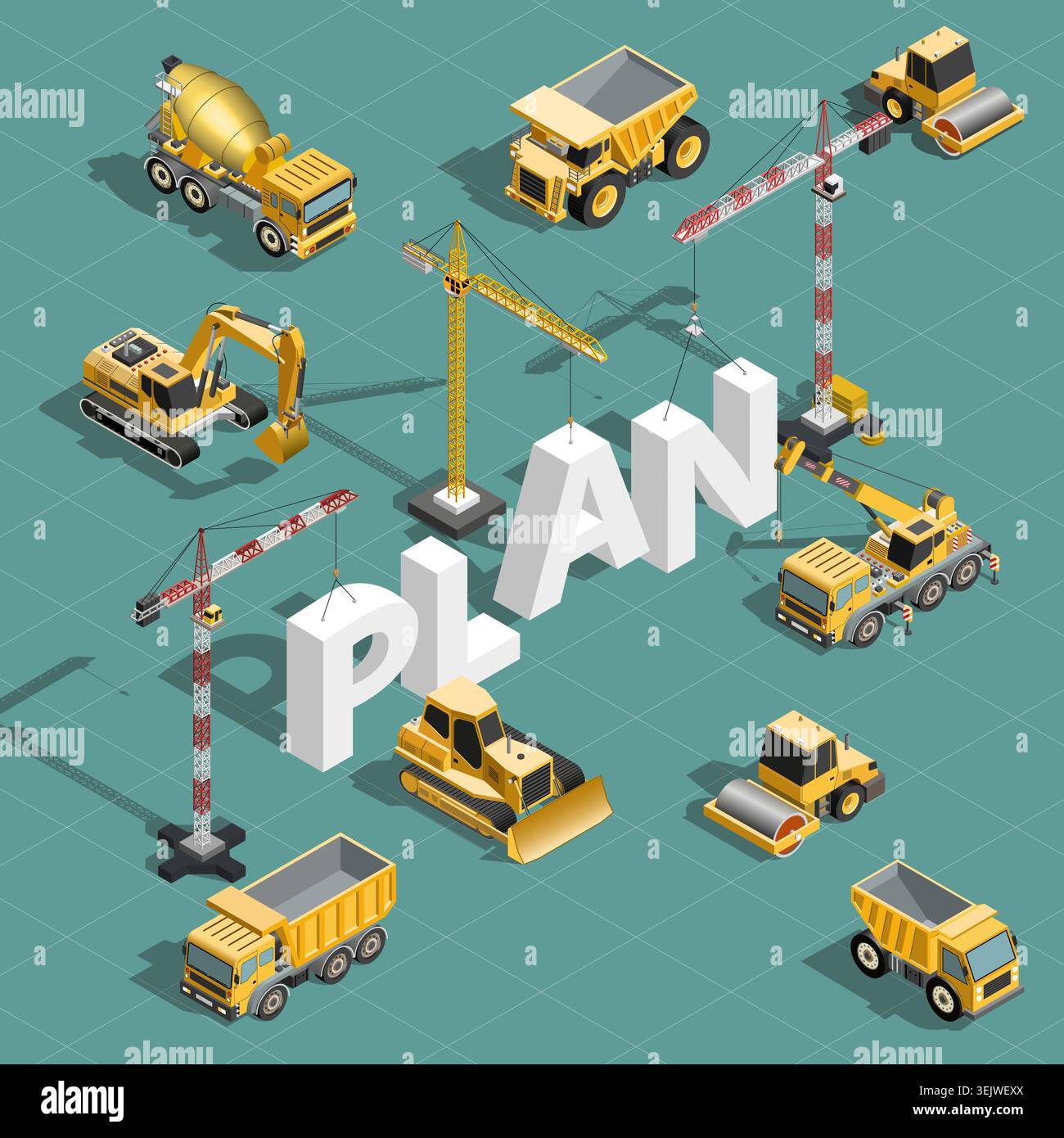 Isometric construction machinery composition with plan text. Building equipment vector concept illustration Stock Vector