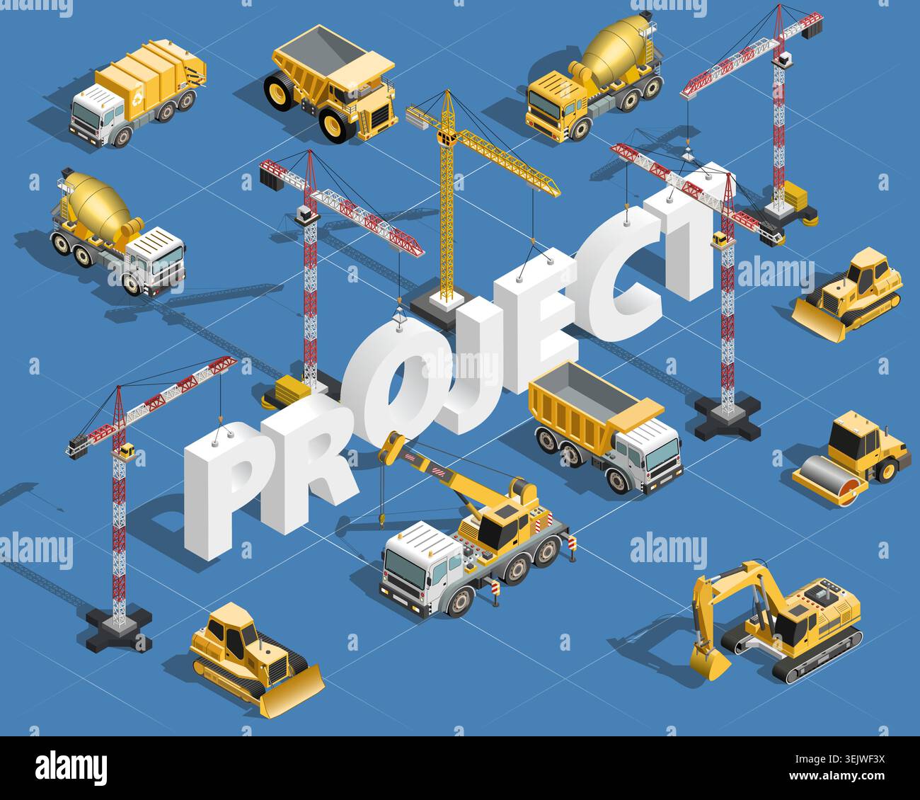 Isometric construction machinery composition with project text. Building equipment vector concept illustration Stock Vector