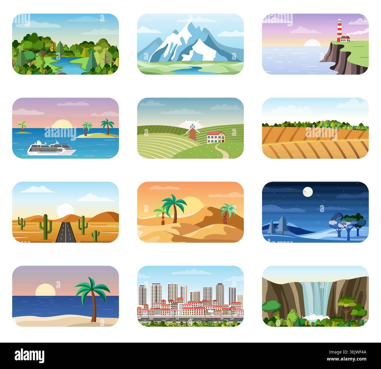 Colorful nature landscape icons set. Mountains, desert, sea, city, forest and other scenes and locations. Vector illustration Stock Vector