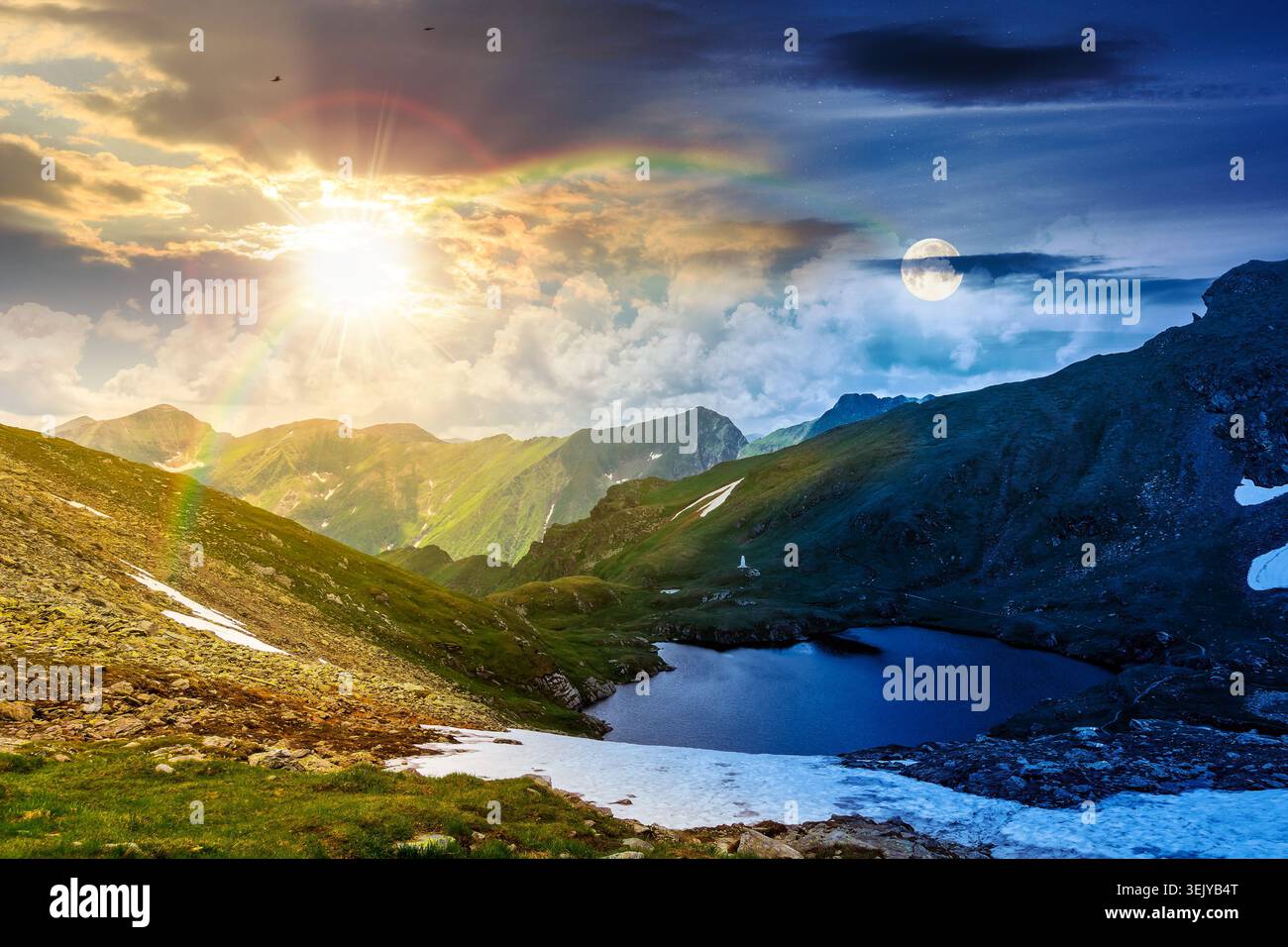 summer solstice scenery of alpine capra lake with steep slopes. day meet night. epic view of transylvania alps. sun and moon in harmony over southern Stock Photo