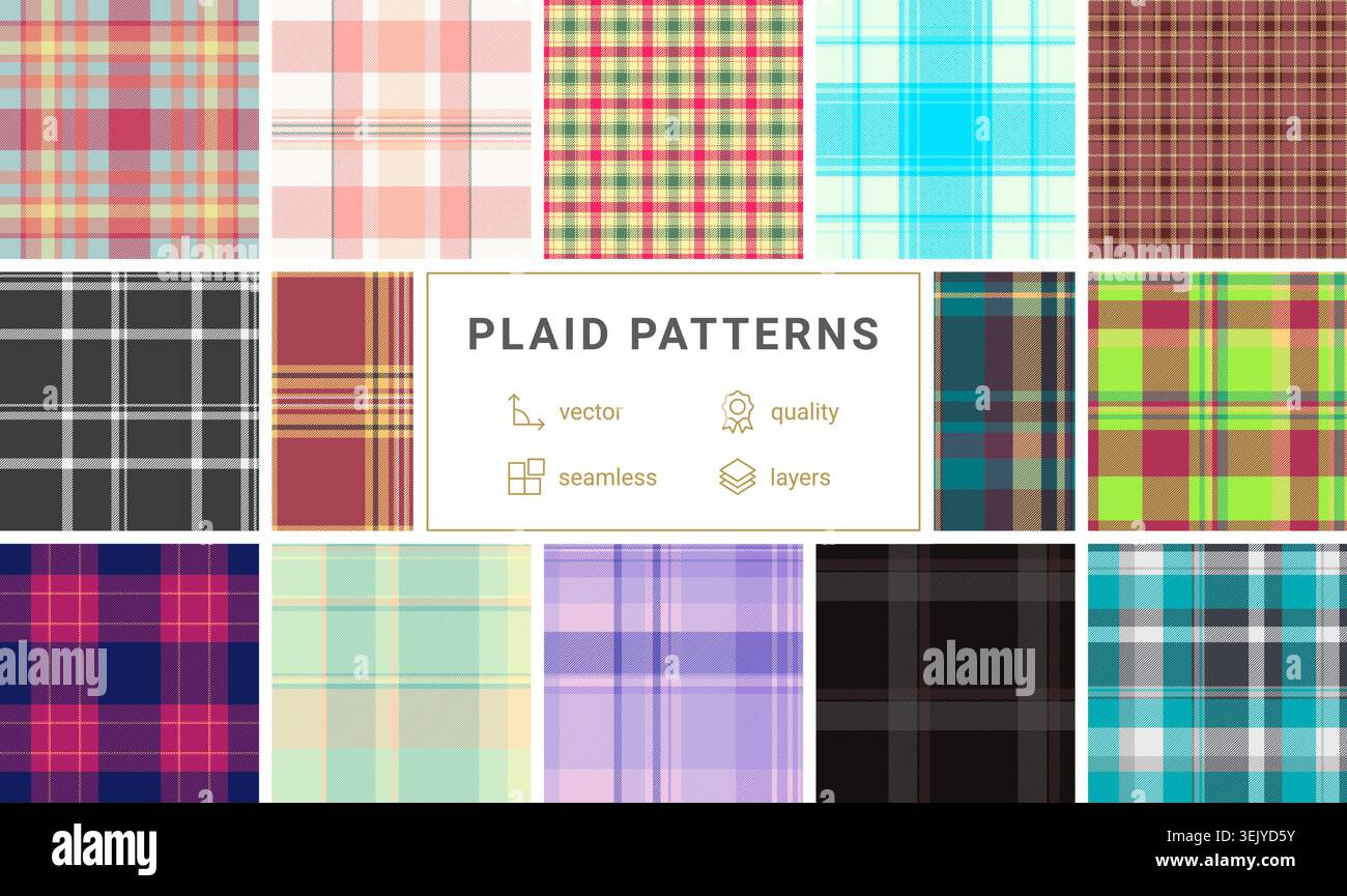 Plaid collection ideal for diary kits. Coordinated tartan repeats create cohesive and visually appealing printed sets. Vector format allows resizing. Stock Vector