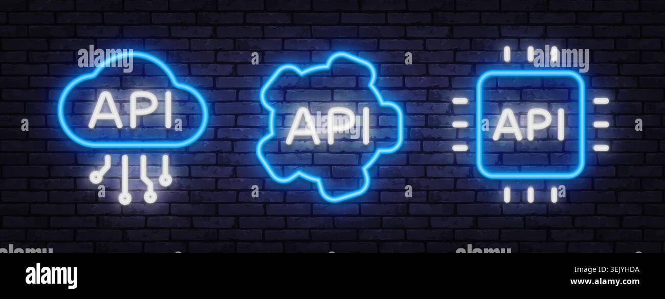 Neon API icon set with cloud, processor and digital network symbols. Futuristic technology collection for software development, coding or data systems Stock Vector