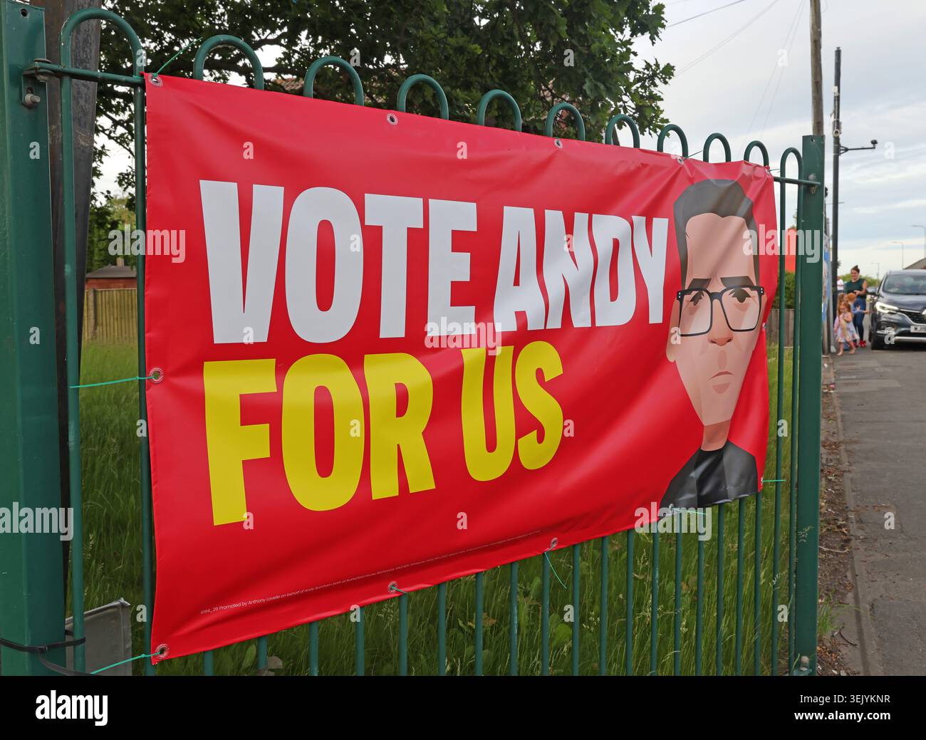 Labour Vote Andy For Us and Reform UK garden signs during the Makerfield by-election campaign for mayor Andy Burnham in Wigan, Greater Manchester. Stock Photo
