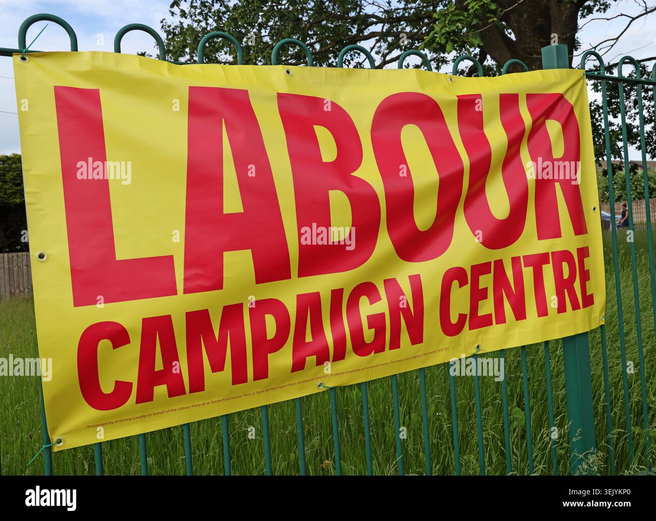 Labour campaign HQ sign in Ashton-in-Makerfield as Andy Burnham seeks to return to Parliament for Prime Minister, through the Makerfield by-election. Stock Photo