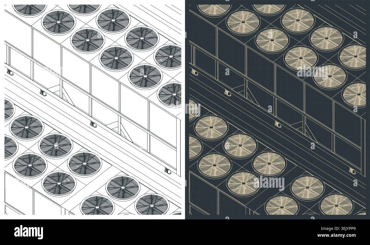Industrial HVAC chiller isometric blueprints, stylized vector illustrations Stock Vector