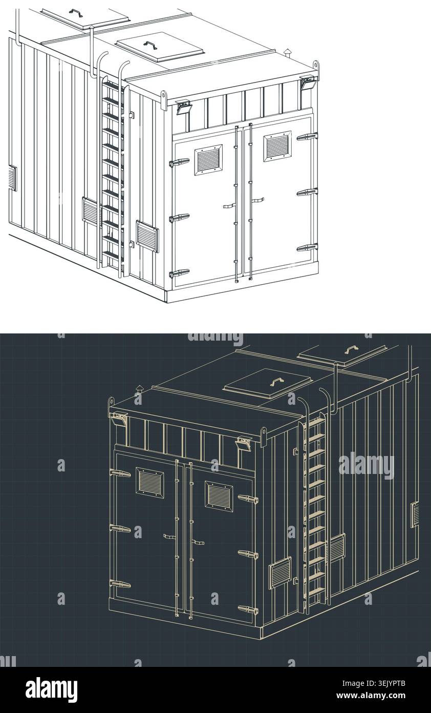 Industrial generator container isometric blueprints: stylized vector illustrations Stock Vector