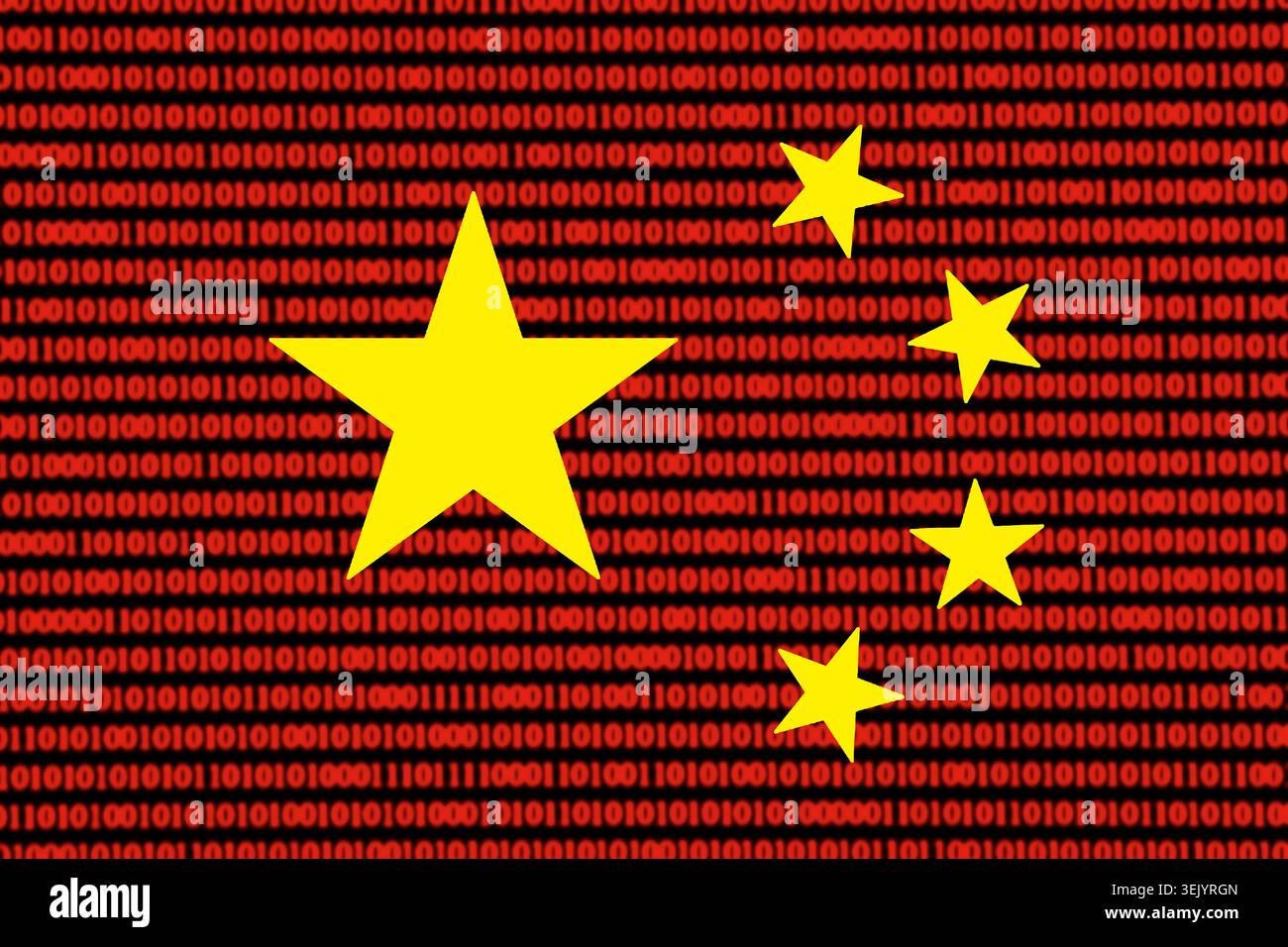 Chinese flag over binary code background. Digital technology, cybersecurity and data regulation concept in China. Stock Photo