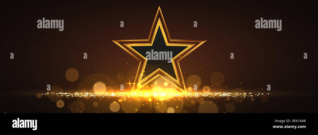 Golden star banner on dark background with glowing bokeh lights. Vector illustration Stock Vector