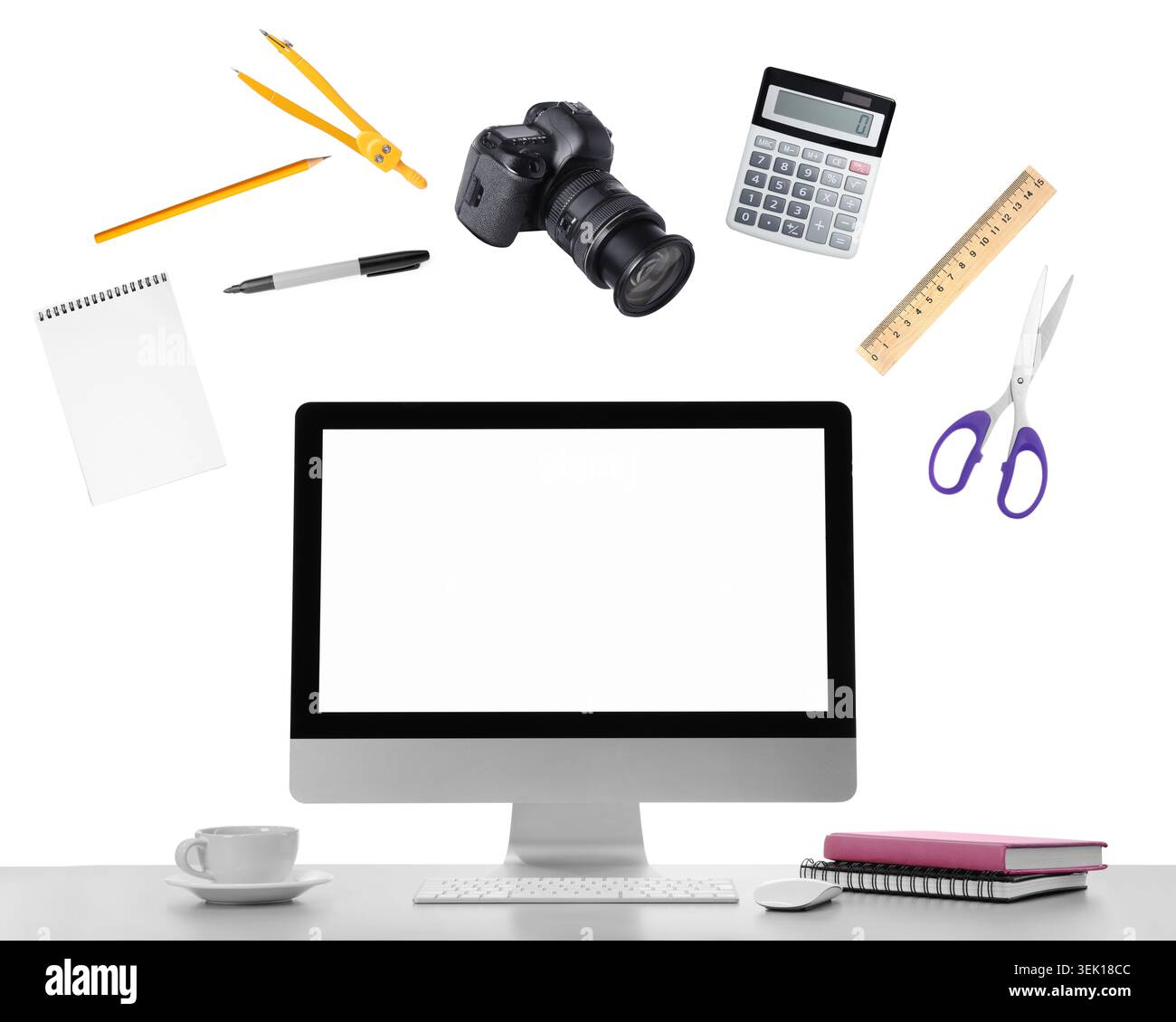 Web design tools flying around computer. Creative designer workspace Stock Photo