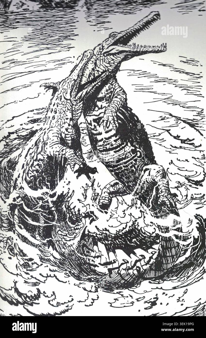 Mystriosuchus. Dramatic ink drawing of a prehistoric crocodile battling ...