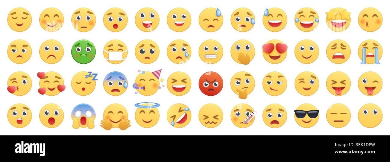 Collection of colorful emoji faces showing happy, sad, laughing, crying, sick, angry, sleepy, and love reactions in a flat cartoon style isolated on white background vector illustration Stock Vector