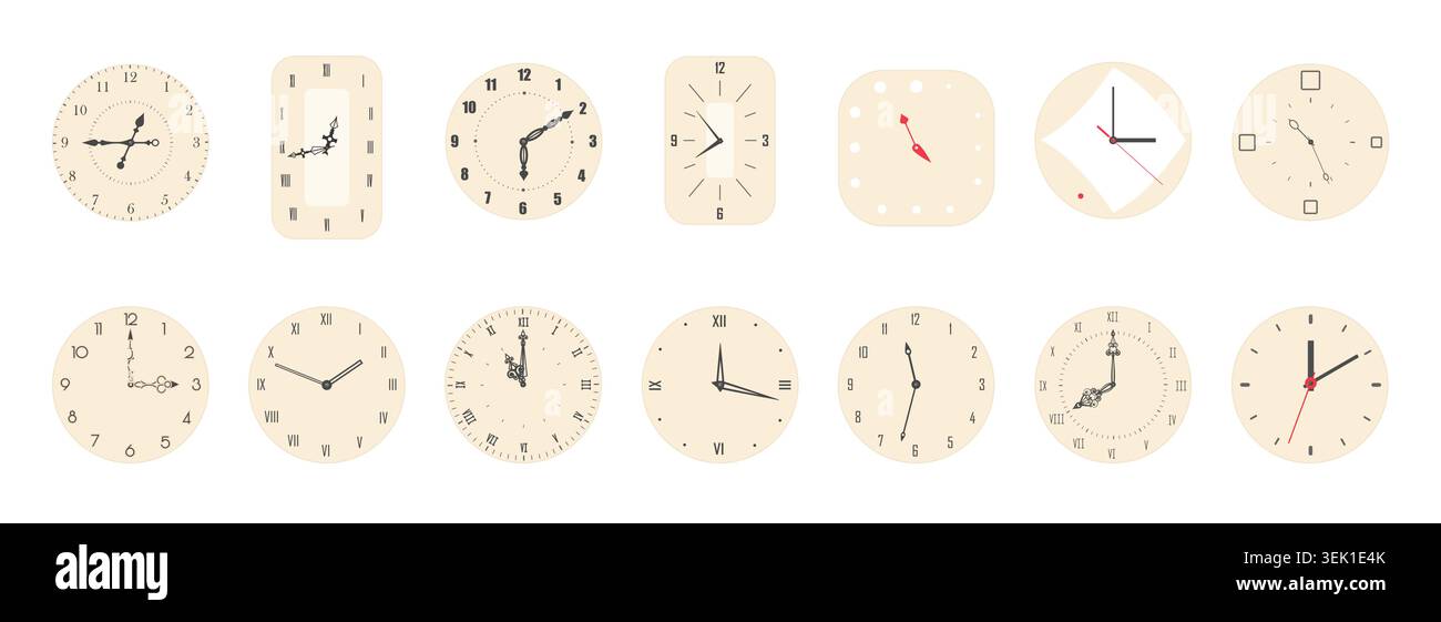 Set of assorted analog wall clocks with varied round and rectangular faces, classic hands and minimalist styles, isolated on white background vector illustration Stock Vector