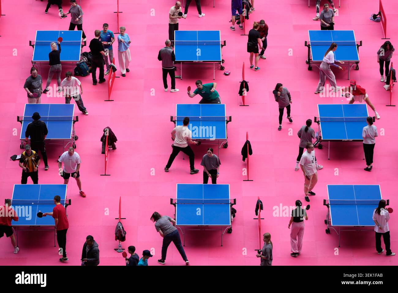 People play table tennis on the pitch of the Luzhniki Stadium during ...