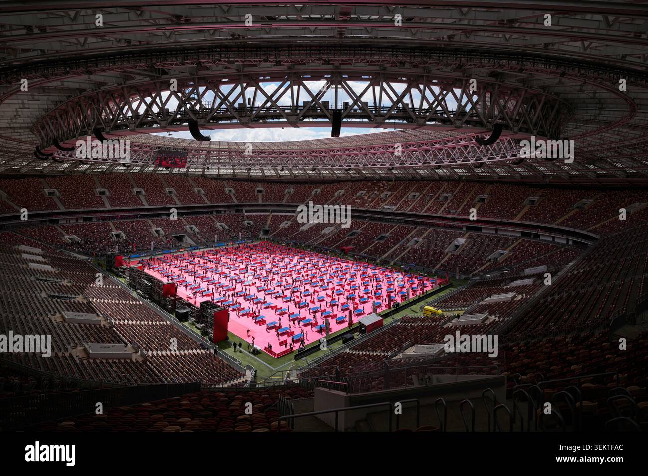 People play table tennis on the pitch of the Luzhniki Stadium during ...