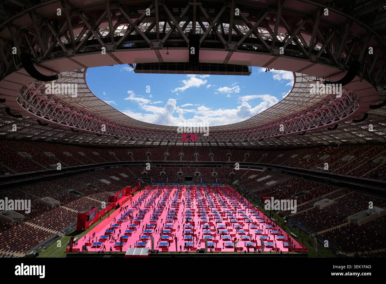 People play table tennis on the pitch of the Luzhniki Stadium during ...