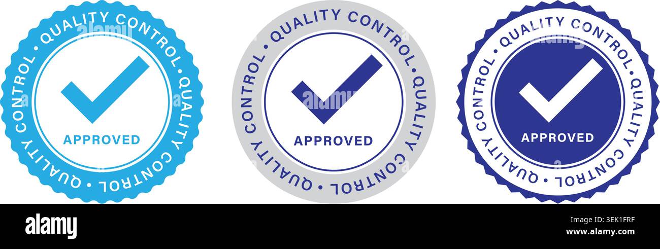 Quality Control Approved Badge Collection with Check Mark Certification Seal and Validation Labels Set Stock Vector