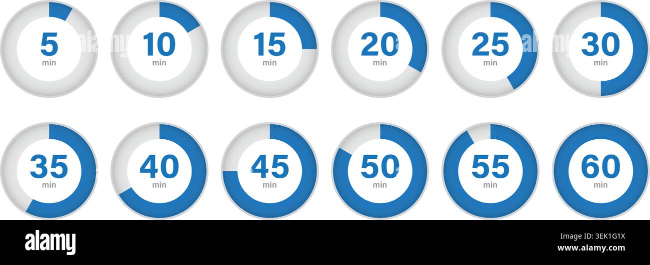 Circular Countdown Timer Progress Indicators Set with 5 to 60 Minute Duration Infographic Elements Stock Vector