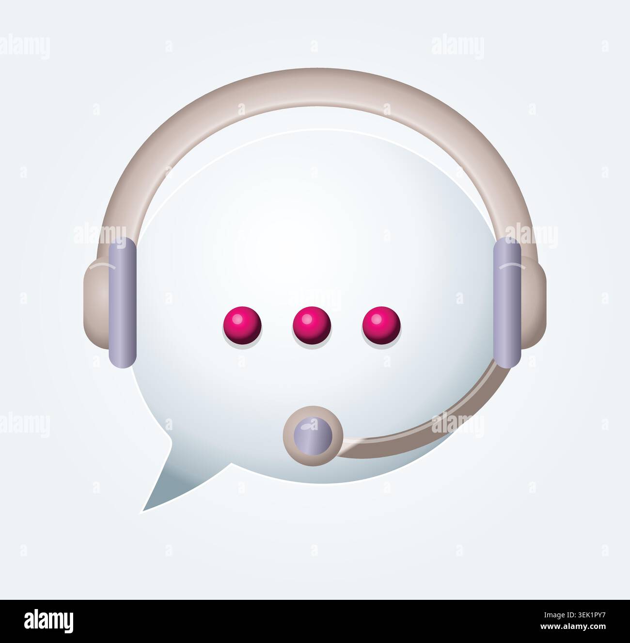 A white speech bubble icon wearing a customer support headset with three pink typing dots inside representing a live chat operator helpline service. Stock Vector