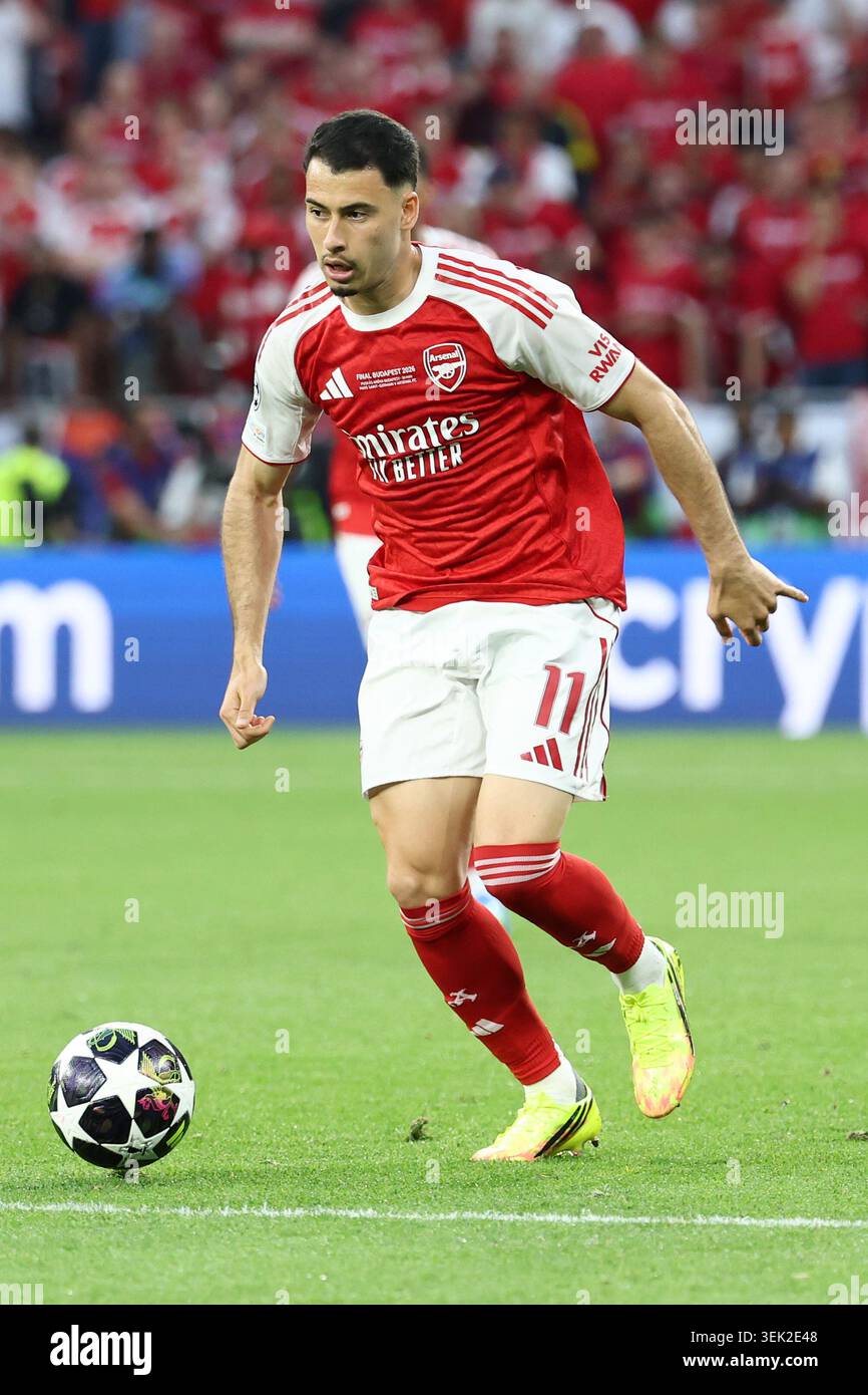 Gabriel Martinelli of Arsenal during the 2025/2026 Champions League Final football match between Paris Saint Germain and Arsenal FC at Puskas Arena stadium in Budapest (Hungary), May 30th, 2026. Stock Photo