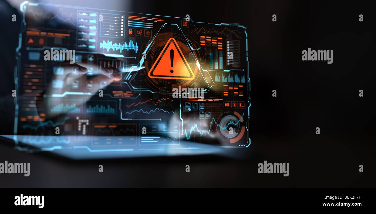 Digital warning alert interface for risk management with advanced data visualization and interactive design Stock Photo