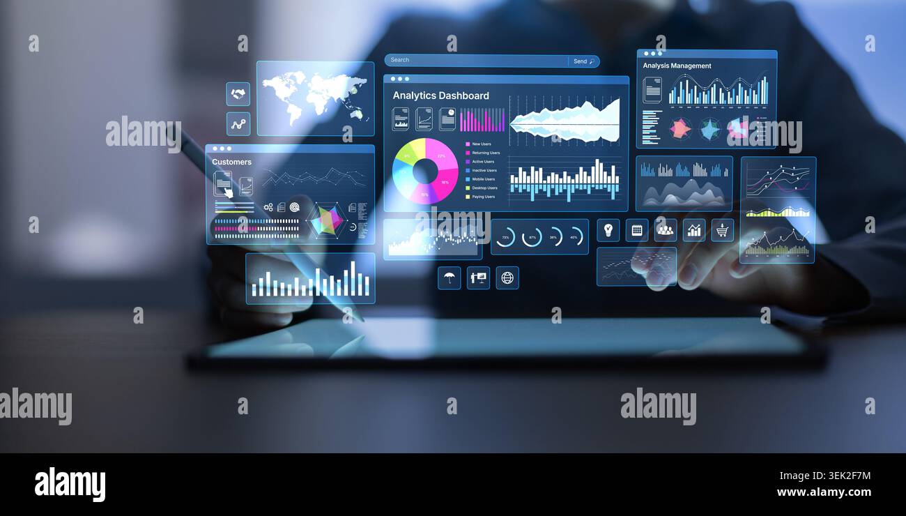 An analytics dashboard displaying data visualization charts and graphs on a digital interface with interactive elements Stock Photo