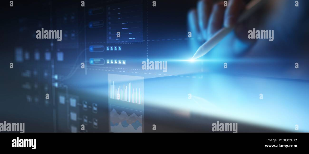Digital Workflow Automation Interface with Smart Data Structure and Process Visualization. Stock Photo
